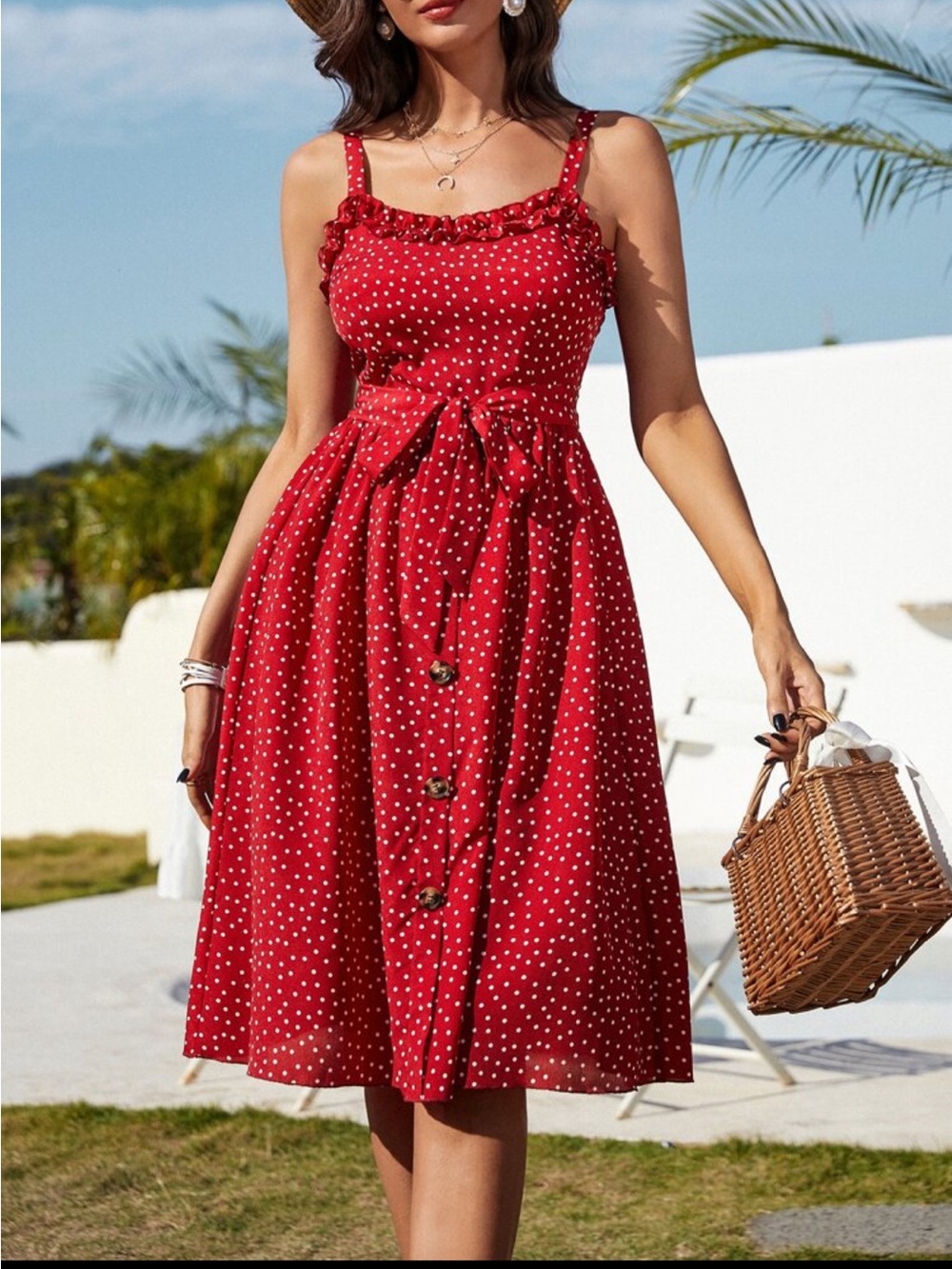 Classic Red Polka Dot Tie Waist Dress